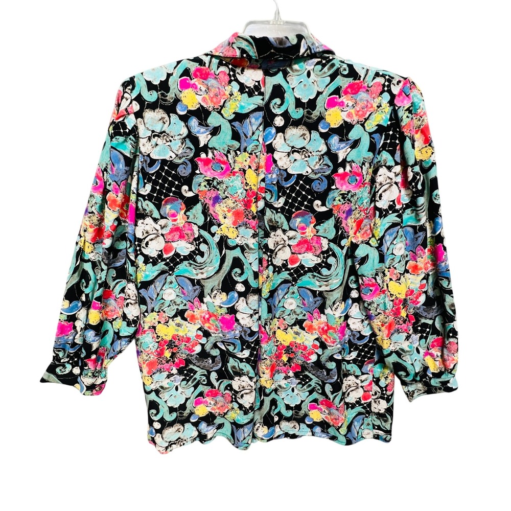 VTG Floral Viscose Button Up Blouse Multi Color Maximalist Top Plus Sz 3XL Funky